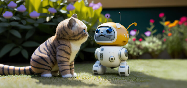 Eie Katze begegnet einer Cybercat im Garten, Generative AI