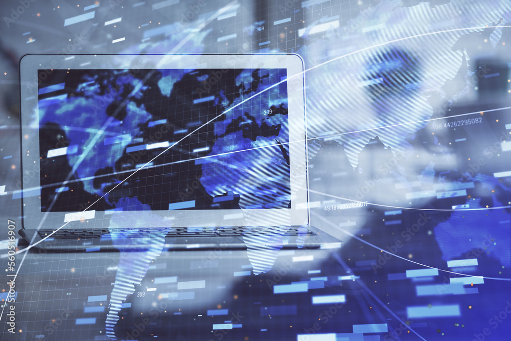 Poster Multi exposure of desktop computer and technology theme hologram. Concept of software development.