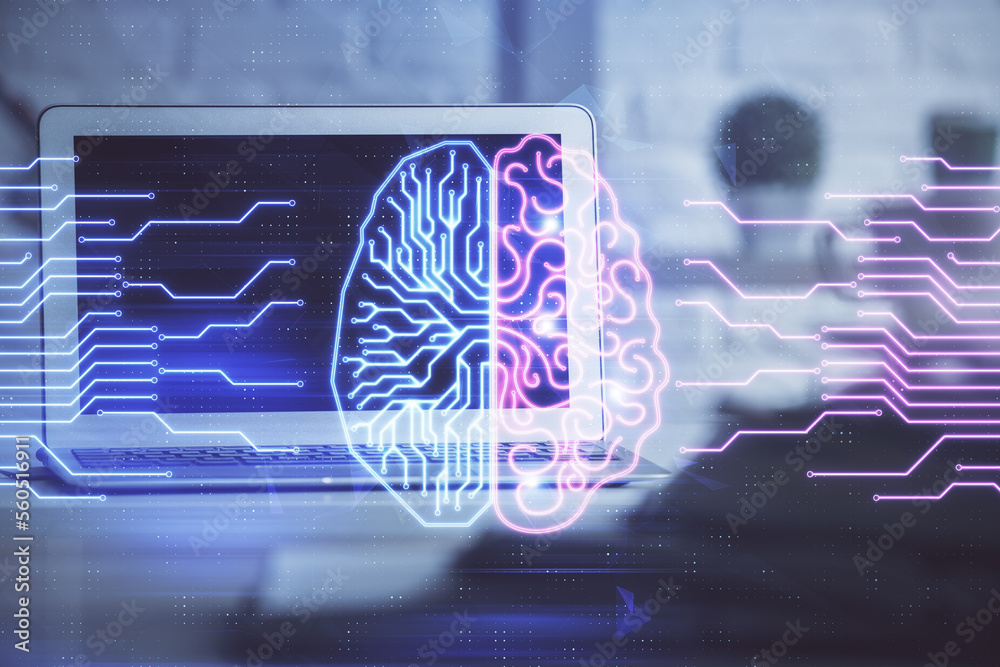 Poster Double exposure of work space with computer and human brain drawing hologram. Brainstorm concept.