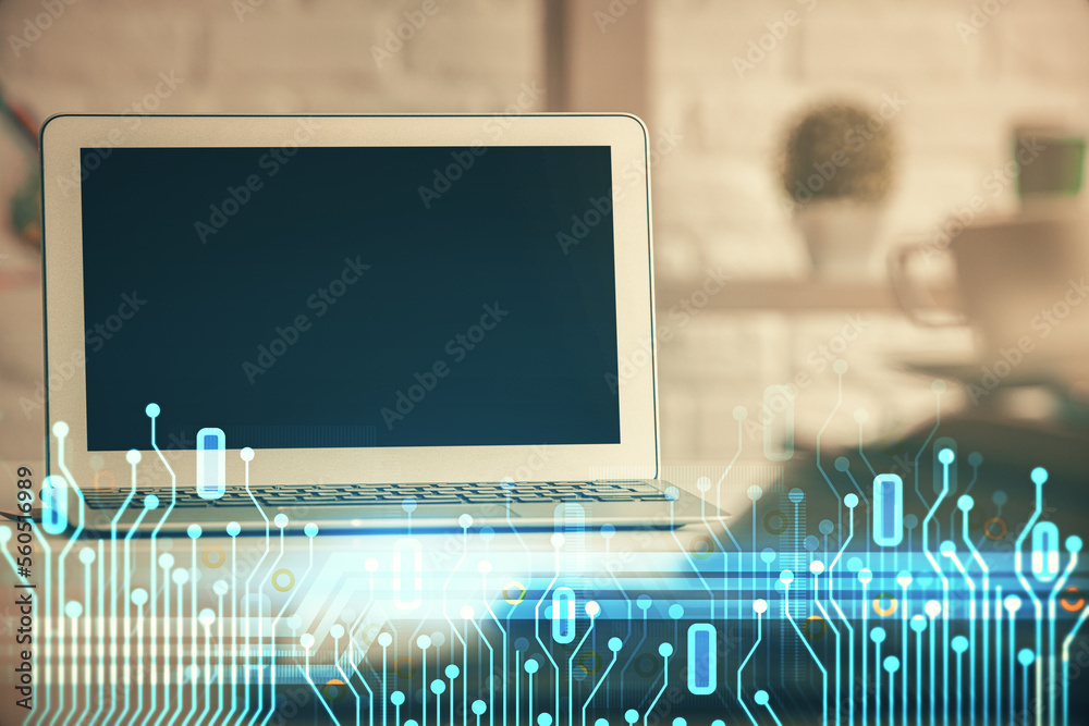 Poster Multi exposure of desktop computer and technology theme hologram. Concept of software development.