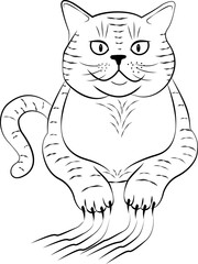 Vector illustration of a cute kitten. Black and white illustrations of a kitten. Coloring book for children. A talisman. Web design, logo, design element.