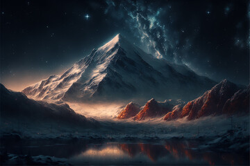 Beautiful landscape snow mountains at night on blue cloud and star background.