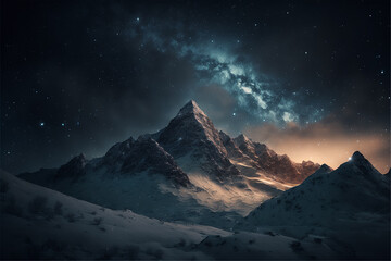 Fototapeta na wymiar Beautiful landscape snow mountains at night on blue cloud and star background.