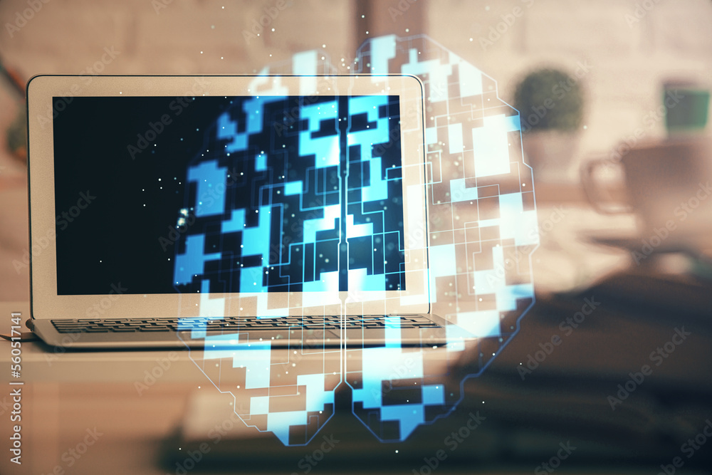 Poster Multi exposure of desktop computer and technology theme hologram. Concept of software development.