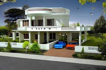 concept of residential villa design with open space , car garage , grass and amazing ventilation 