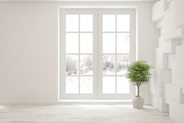 Empty room in white color. Scandinavian interior design. 3D illustration