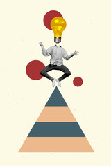 Vertical collage image of black white colors guy light bulb instead head levitate fly meditate...