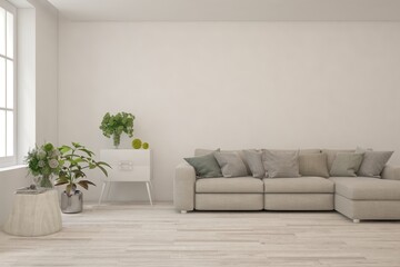 Fototapeta na wymiar White living room with sofa. Scandinavian interior design. 3D illustration