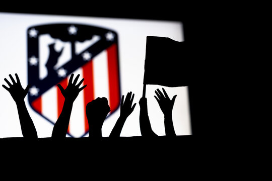 Winning or championship of Atletico Madrid football club, celebrating concept, soccer team fans silhouette with flag