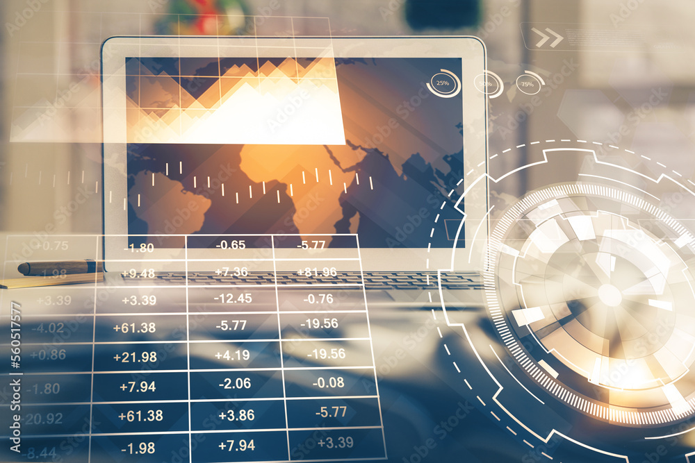 Poster Financial chart drawing and table with computer on background. Multi exposure. Concept of international markets.