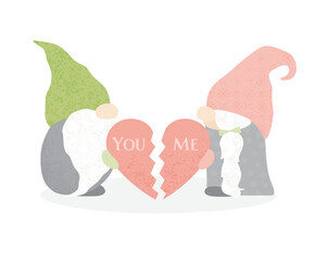 Two gnomes matching heart pieces with each other.
