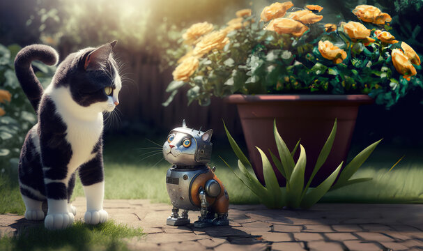 Eine Katze und eine Cybercat begegnen sich, Generative AI