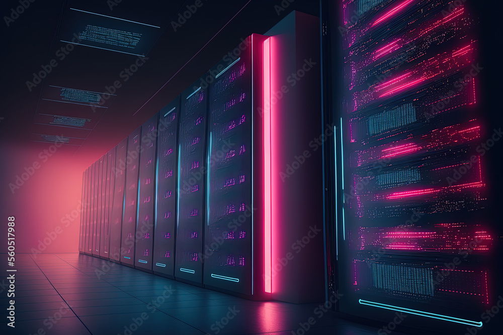 Poster picture of a data center with many rows of active server racks. database concept, cloud computing, a