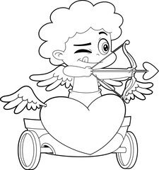 Outlined Cute Cupid Baby Cartoon Character Shoots A Bow From Cart With Heart. Vector Hand Drawn Illustration Isolated On Transparent Background