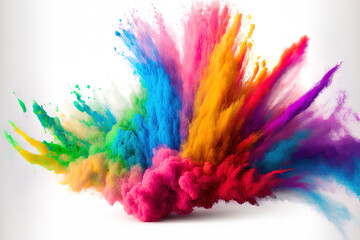 Obraz na płótnie Canvas Holi paint color powder explosion in the colors of the rainbow, isolated on a white broad panorama background. Generative AI