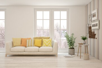 White living room with sofa and winter landscape in window. Scandinavian interior design. 3D illustration