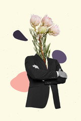 Creative photo 3d collage artwork poster postcard of weird man flowers instead face professional...