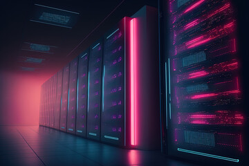 Picture of a data center with many rows of active server racks. Database concept, cloud computing, and contemporary telecommunications. Shot in the Dark with Neon Pink and Blue L. Generative AI