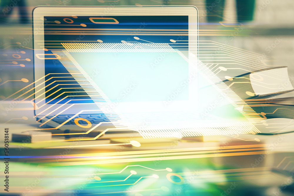 Poster Multi exposure of desktop computer and technology theme hologram. Concept of software development.