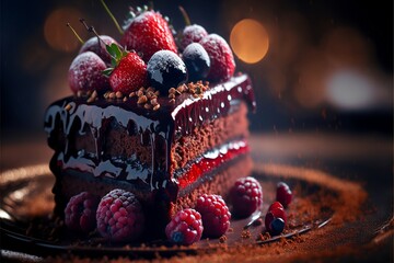 saborosa fatia de bolo, sobremesa com chocolate e frutos vermelhos, Generative AI, tasty black forest cake