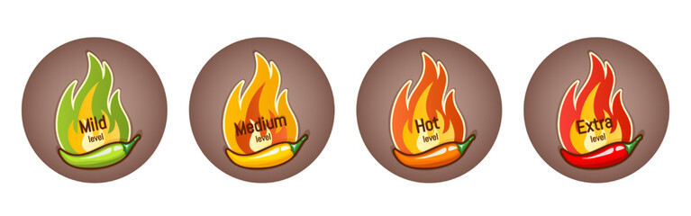 Set of badges with chilli peppers and different spiciness levels. Badge or logo design. Vector illustration