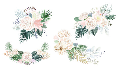 Watercolor bouquets of white roses and green leaves. Delicate flowers in beige, pink and white. Festive bouquets for the design of wedding invitations, cards, stickers,