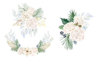 Watercolor bouquets of white roses and green leaves. Delicate flowers in beige, pink and white. Festive bouquets for the design of wedding invitations, cards, stickers,