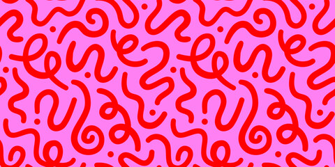 Fun pink line doodle seamless pattern. Creative abstract squiggle style drawing background for children or trendy design with basic shapes. Simple childish color scribble wallpaper print.