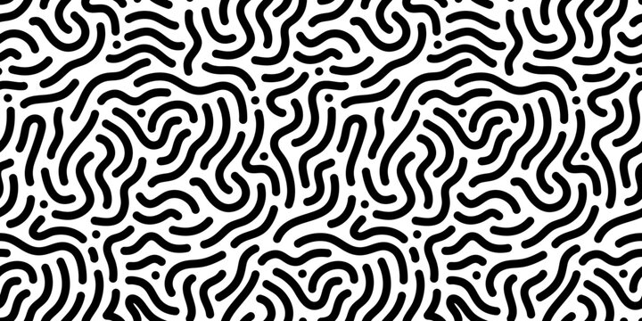 Black and white line doodle seamless pattern. Creative minimalist style art background, trendy design with basic shapes. Modern abstract monochrome backdrop.