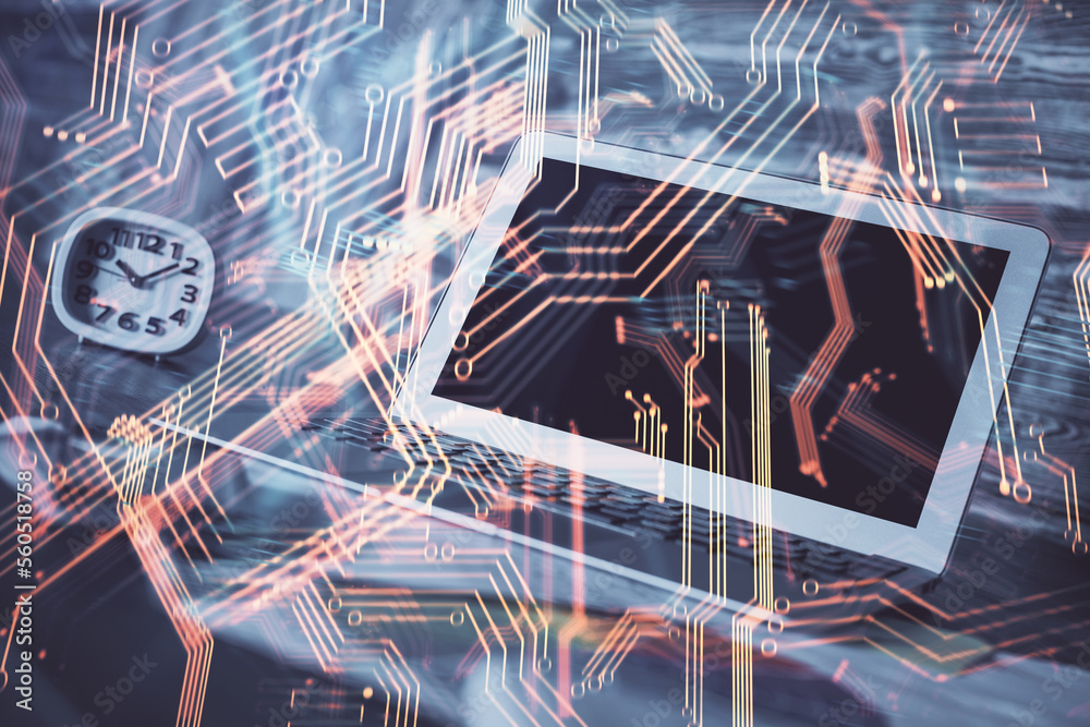 Aufkleber Computer on desktop in office with technology theme hologram. Multi exposure. Tech concept.