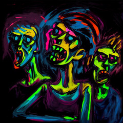 Colorful drawn zombies. Generative AI.