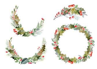 Watercolor festive wreaths and bouquets of green holly leaves and red berries. Festive decoration for postcards and invitations. Green wreaths and bouquets of foliage and branches