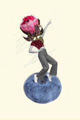 Vertical creative photo collage illustration of headless girl flower instead of head stand on...