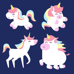 Unicorn collection. illustration of cute cartoon white Unicorns with pink mane. Isolated on dark blue background.