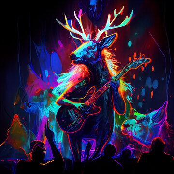 Deer playing guitar in night club. Generative AI.
