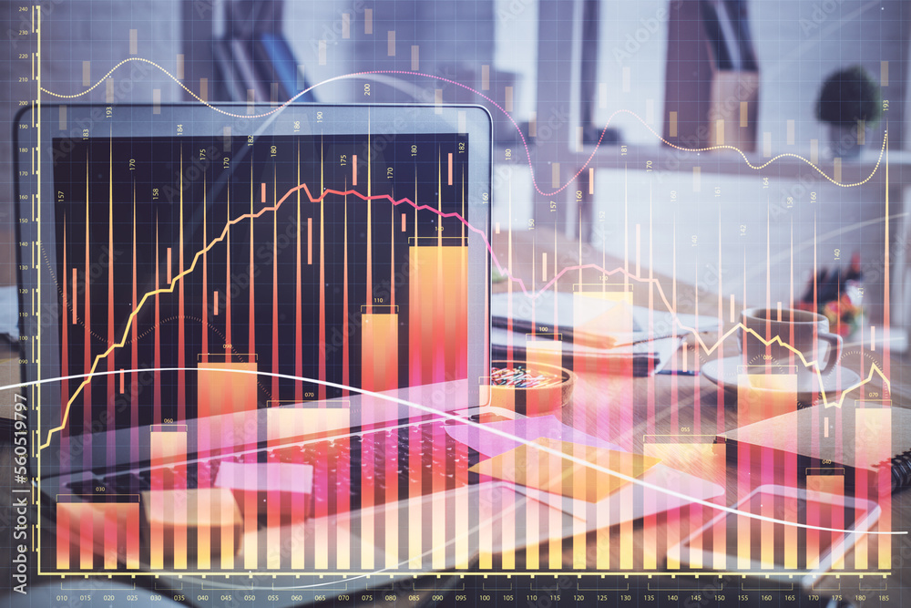 Poster Financial chart drawing and table with computer on background. Multi exposure. Concept of international markets.