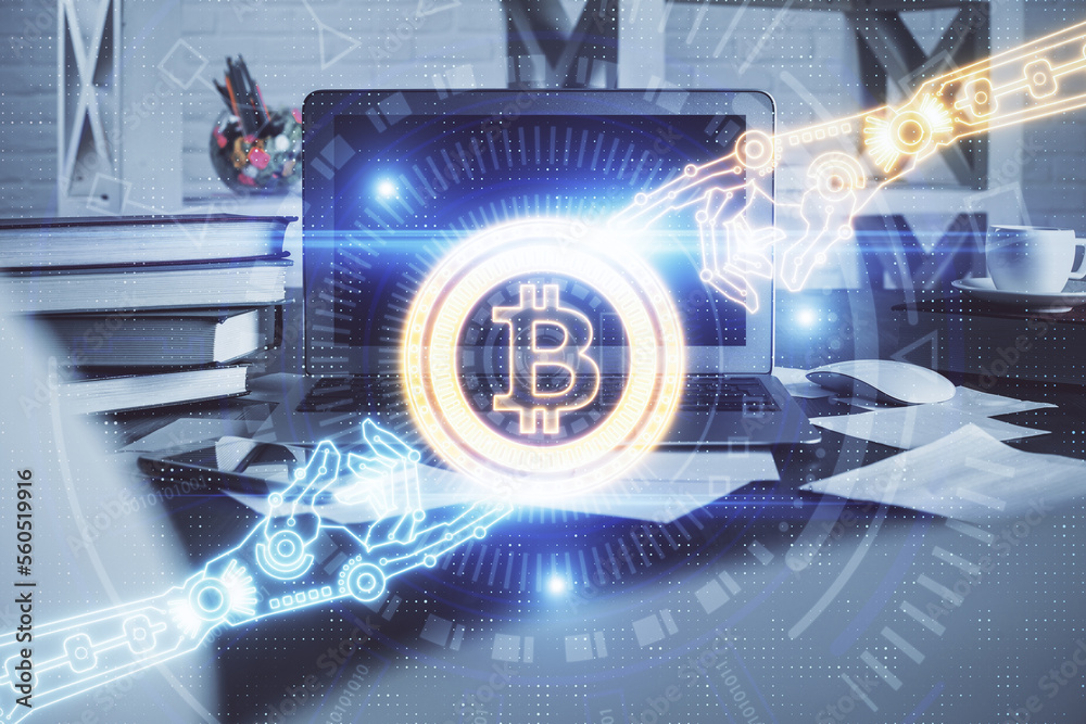 Aufkleber Multi exposure of blockchain theme hologram and table with computer background. Concept of bitcoin crypto currency.