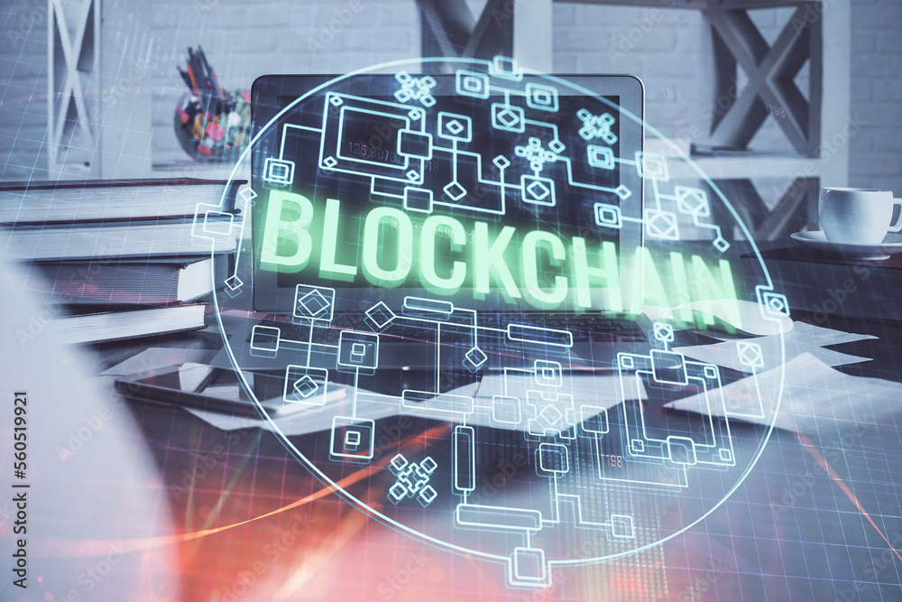 Poster Multi exposure of blockchain theme hologram and table with computer background. Concept of bitcoin crypto currency.