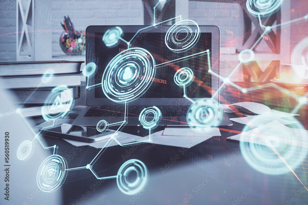 Poster computer on desktop with social network theme icon. multi exposure. concept of international connect