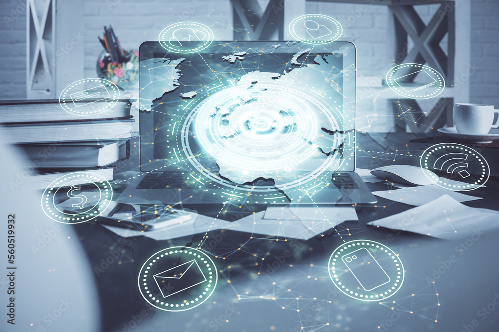 Poster computer on desktop with social network theme icon. multi exposure. concept of international connect