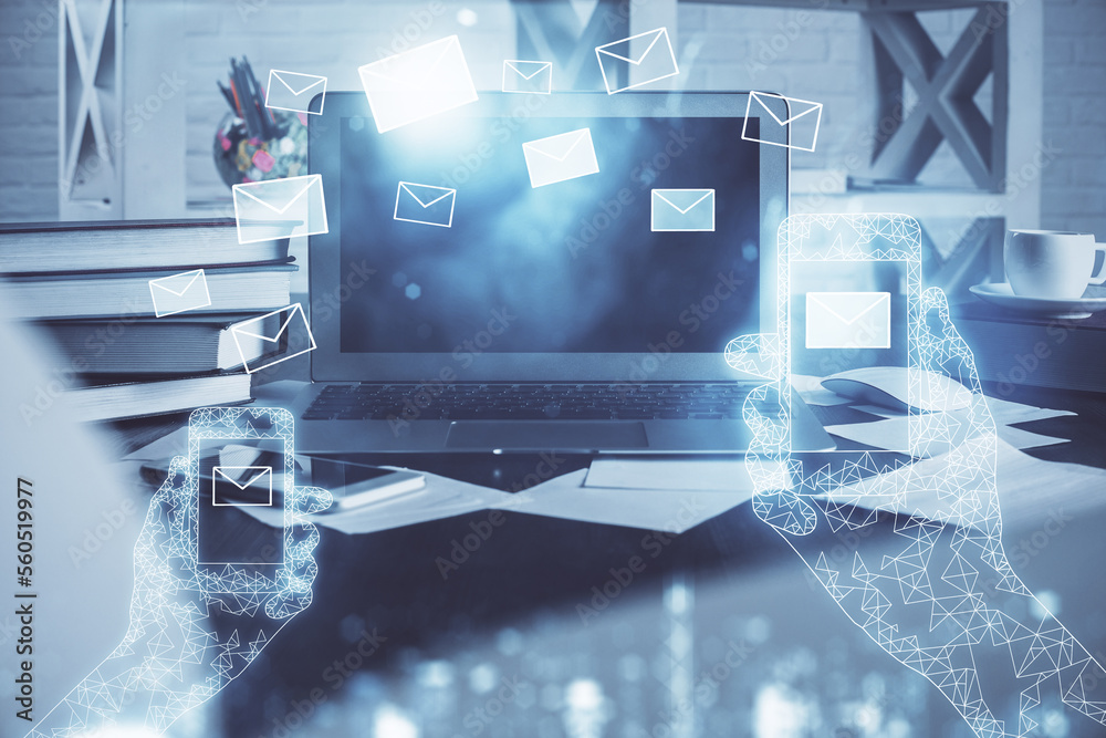 Poster Desktop computer background in office and flying envelops hologram drawing. Multi exposure. Electronic mail concept.