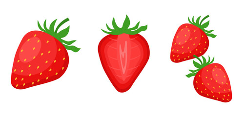Cartoon bright natural strawberry isolated on white. Vector illustration of farm fresh organic berries. Vector graphics in flat style