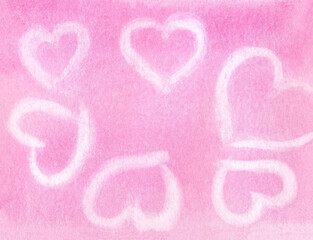  Light pink background wiht white hearts hand-drawn in watercolor. Soft texture. Valentine's Day.