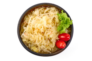 Fresh Sauerkraut from white Cabbage isolated on white Background.