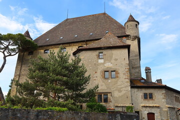Fototapeta na wymiar View on the Yvoire Castle is a former castle of the XIIIth century located on the commune of Yvoire in the department of Haute-Savoie, in the Auvergne-Rhône-Alpes region.