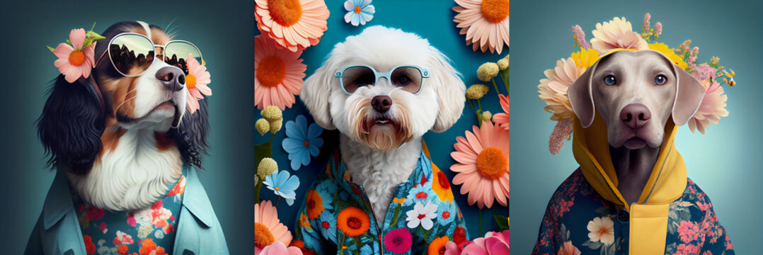 Cute dogs wearing in clothes. Background with flowers, collection. Floral prints on hoodie