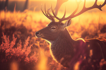 Morning sun on a red deer. Generative AI