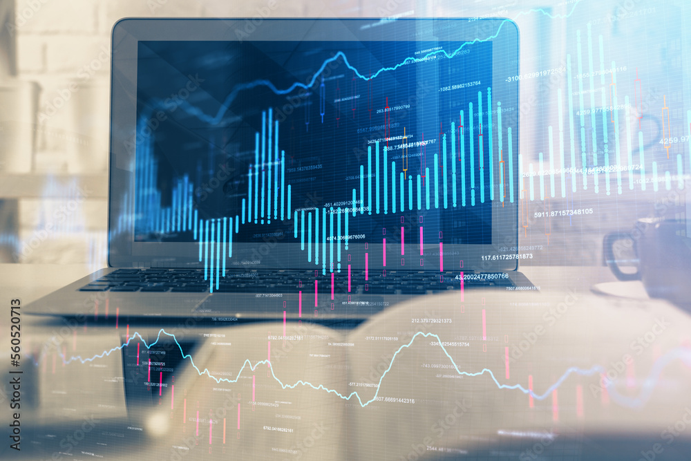 Aufkleber Financial chart drawing and table with computer on background. Multi exposure. Concept of international markets.