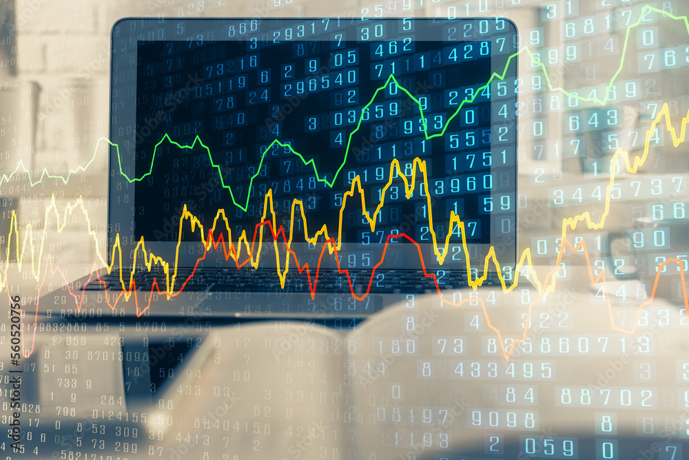 Poster Financial chart drawing and table with computer on background. Multi exposure. Concept of international markets.