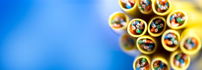 Cross-section of the network cable. Technological background. Wire. Macro photo